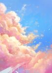  axleaki bird blue_sky bridge cloud cloudy_sky commentary day highres no_humans orange_clouds original outdoors railing scenery sky sunlight 