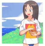  1girl azumanga_daioh bag brown_eyes brown_hair cloud collarbone fingernails food forehead grass handbag highres holding inkerton-kun kasuga_ayumu ocean open_mouth shirt sky smile solo swimsuit water 