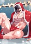  1boy abs bara black_hair cape chest_hair christmas christmas_lights closed_mouth facial_hair fur-trimmed_cape fur_trim hair_over_eyes hood hood_up hooded_cape large_pectorals male_focus male_underwear muscular muscular_male navel nipples original owariya_ranko pectorals red_cape red_male_underwear short_hair sitting smile solo twitter_username underwear 