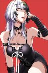  1girl black_hair black_nails breasts choker cleavage gothic highres hololive hololive_english multicolored_hair noctis9 piercing red_background shiori_novella simple_background solo tongue tongue_out tongue_piercing white_hair yellow_eyes 