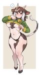  absurd_res anthro bell bell_collar black_spots blush bovid bovine breasts cattle clothing collar female fur hi_res hooves horn mammal panties pgm300 red_eyes simple_background solo spots spotted_body spotted_fur tail underwear white_body white_fur 