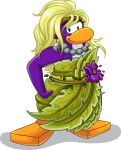  absurd_res alpha_channel avian bird blonde_hair club_penguin female flower full-length_portrait hair hand_on_hip hi_res jewelry leaf_dress long_hair looking_at_viewer necklace official_art penguin plant portrait purple_body purple_flower smile solo unknown_artist 