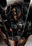  1boy armor artist_name bawang-ryuuzaki black_armor black_theme brown_hair card contract_monster dated dragblacker dragon evil_smile kamen_rider kamen_rider_ryuga kamen_rider_ryuki_(series) looking_at_viewer mirror mirror_shinji red_eyes smile tokusatsu upper_body v_buckle 