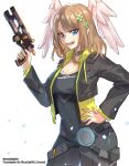  :d absurdres artist_name black_bodysuit black_jacket bodysuit breasts brown_hair cleavage clover_hair_ornament commentary commission covered_navel cowboy_shot cropped_jacket drawstring english_commentary eunie_(xenoblade) feathered_wings four-leaf_clover_hair_ornament gun hair_ornament hand_on_own_hip head_wings highres holding holding_gun holding_weapon hood hood_down hooded_jacket jacket maplesights medium_breasts open_clothes open_jacket smile solo watermark weapon white_background white_wings wings xenoblade_chronicles_(series) xenoblade_chronicles_3 yellow_jacket 