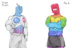  absurd_res animate_inanimate bald barazoku bottomwear bulge clothed clothing crossed_arms duo hi_res humanoid kogito lidded_eyes male mouthless multicolored_body nipples not_furry pecs pop_it rainbow_body shorts simple_dimple topless topless_male 