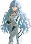  1girl absurdres arm_across_chest ayanami_rei blue_hair bodysuit covered_collarbone cowboy_shot danshui expressionless hair_between_eyes hand_on_own_arm highres interface_headset long_hair looking_at_viewer neon_genesis_evangelion parted_lips plugsuit red_eyes simple_background solo standing wavy_hair white_background white_bodysuit 