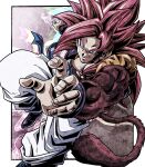  1boy arm_up baggy_pants biceps black_vest blue_eyes blue_sash blue_wristband body_fur border closed_mouth commentary_request dragon_ball dragon_ball_gt gogeta highres looking_at_viewer male_focus metamoran_vest monkey_tail muscular muscular_male open_clothes open_vest outside_border outstretched_arm pants pectorals purple_background red_fur red_hair sash simple_background smile smirk solo spiked_hair super_saiyan super_saiyan_4 tail ushi_(akabec0) v-shaped_eyebrows vest white_border white_pants wristband 