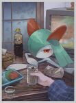  1other border bottle can chopsticks closed_mouth commentary_request food grey_border highres holding holding_can indoors kikuyoshi_(tracco) kirlia leaning_forward pokemon pokemon_(creature) red_eyes signature table television tissue tissue_box 