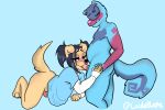  absurd_res all_fours anthro bedroom_eyes beryll_(the_kooky_tanuki) bird_dog bite biting_lip blue_body blue_fur blush bodily_fluids bottomless canid canine canis cecildeatrio cecile_(cecildeatrio) chest_tuft clothed clothing cum cum_in_mouth cum_inside domestic_dog duo floppy_ears fur genital_fluids golden_retriever gynomorph hand_holding hi_res hunting_dog intersex long_tail looking_at_another looking_at_partner makeup male male/male mammal narrowed_eyes nude oral orange_body orange_fur partially_clothed paws piercing pigtails pink_body pink_fur raccoon_dog red_eyes retriever seductive tail tanuki tuft 