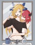  2girls biting blonde_hair blue_eyes brushing_teeth cup demon_horns grabbing grabbing_another&#039;s_breast groping guardian_tales highres holding holding_cup holding_toothbrush horns kyoko_(kanori_aoki) long_hair looking_at_mirror loose_clothes loose_shirt mirror mug multiple_girls neck_biting noble_succubus_bianca pointy_ears red_eyes red_hair saliva saliva_drip shirt short_hair succubus_adventurer_yuze sweat toothbrush yuri 