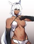  1girl animal_ears armband bare_shoulders black_hairband blue_eyes breasts caenis_(fate) dark-skinned_female dark_skin fate/grand_order fate_(series) gloves hair_intakes hairband highres large_breasts midriff navel sabamori simple_background solo tattoo white_hair 