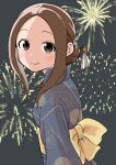  1girl blue_kimono brown_eyes brown_hair closed_mouth commentary_request dark_background fireworks floral_print from_side hair_bun hair_ornament hair_stick highres inaba_mifumi japanese_clothes karakai_jouzu_no_(moto)_takagi-san karakai_jouzu_no_takagi-san kimono light_blush long_hair long_sleeves looking_at_viewer obi sash single_hair_bun smile solo split_mouth takagi-san yellow_sash yukata 