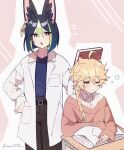  2boys aether_(genshin_impact) alternate_costume animal_ears black_hair black_pants blonde_hair blue_hair blue_shirt blush book braid closed_mouth coat earrings english_commentary fox_boy fox_ears genshin_impact gradient_hair grey_hair hair_between_eyes hand_on_own_hip highres jewelry lab_coat long_hair long_sleeves male_focus messy_hair multicolored_hair multiple_boys one_eye_closed open_clothes open_coat open_mouth orange_eyes pants shirt simple_background single_braid single_earring streaked_hair tighnari_(genshin_impact) twitter_username wai1010 