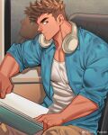  1boy bara book brown_hair bus_interior feet_out_of_frame from_side headphones headphones_around_neck holding holding_book long_sideburns looking_at_viewer looking_to_the_side male_focus muscular muscular_male open_clothes open_shirt original pectoral_cleavage pectorals short_hair sideburns sideburns_stubble sideways_glance sitting sleeves_rolled_up solo tank_top thick_eyebrows white_tank_top youchi123 