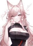  1girl absurdres animal_ears arknights atsukii breasts character_name cleavage commentary earrings eyelashes hair_intakes hand_up highres jewelry large_breasts long_hair pink_eyes pink_hair pozyomka_(arknights) short_sleeves solo upper_body very_long_hair wolf_ears 