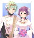  1boy 1girl alternate_costume bernadetta_von_varley black_eyes blush bouquet bridal_veil byleth_(fire_emblem) byleth_(male)_(fire_emblem) closed_mouth collarbone commentary_request dress earrings enlightened_byleth_(male) fire_emblem fire_emblem:_three_houses flower green_eyes green_hair hair_between_eyes hair_flower hair_ornament hetero holding holding_bouquet jewelry juliet_sleeves long_sleeves looking_at_viewer puffy_sleeves purple_flower purple_hair purple_rose rose see-through short_hair smile tefutene tiara veil wedding_dress white_dress white_flower wide_sleeves 