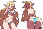  1girl ;d absurdres ahoge ass ass_visible_through_thighs back bikini blonde_hair blue_bikini blush breasts fairy_tail from_behind green_eyes hair_between_eyes head_wings highres large_breasts long_hair mavis_vermilion maydaykiki multiple_views navel one_eye_closed open_mouth simple_background smile swimsuit very_long_hair white_background wide_hips 