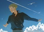  1boy belt bird blonde_hair blue_shirt blue_sky cloud collared_shirt highres ice_morinaka jujutsu_kaisen male_focus nanami_kento outdoors pants parted_lips shirt short_hair sky solo upper_body 