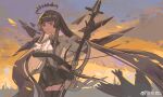  1girl absurdly_long_hair animal arknights artist_name ascot backlighting belt belt_buckle bird black_ascot black_belt black_bird black_garter_straps black_gloves black_hair black_halo black_skirt black_thighhighs black_wings blue_sky blunt_bangs breasts bright_pupils broken_halo buckle cello chinese_commentary chinese_text cityscape closed_mouth cloud cloudy_sky collared_jacket colored_inner_hair commentary_request cowboy_shot dark_halo dawn detached_wings elbow_gloves energy_wings floating_hair garter_straps gloves grey_hair grey_shirt halo highres hime_cut holding holding_bow_(music) holding_instrument holding_violin instrument jacket layered_sleeves long_hair long_sleeves looking_at_viewer looking_to_the_side miniskirt mole mole_under_eye multicolored_hair multicolored_sky music outdoors playing playing_instrument pleated_skirt shade shadow shirt short_over_long_sleeves short_sleeved_jacket short_sleeves sidelocks sideways_glance skirt sky small_breasts smile solo standing straight_hair sunlight thighhighs two-tone_hair very_long_hair violin virtuosa_(arknights) watermark weibo_7814552075 weibo_logo weibo_username white_belt white_jacket white_pupils wide_sleeves wing_collar wings yellow_sky zettai_ryouiki 