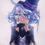  1girl ascot asymmetrical_gloves black_ascot blue_eyes blue_hair covering_mouth crying crying_with_eyes_open furina_(genshin_impact) genshin_impact gloves hat heterochromia highres light_blue_hair mismatched_gloves multicolored_hair non-web_source simple_background solo tears top_hat two-tone_hair 
