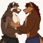  absurd_res anthro canid canine canis cedronrohuta duo gabu_(awoogabu) hi_res male male/male mammal muscular muscular_anthro muscular_male pec_grab red_wolf wolf 