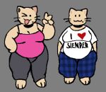  :3 anthro barefoot beady_eyes belly belly_overhang big_belly big_breasts blue_bottomwear blue_clothing blue_pants bottomwear breasts cassicat cleavage clothed clothing domestic_cat feet felid feline felis female fully_clothed fur gesture grey_background grey_bottomwear grey_clothing grey_pants hand_on_hip happy mammal markings mole_(marking) one_eye_closed open_:3 open_mouth overweight overweight_anthro overweight_female pants shirt simple_background smile solo standing tan_body tan_fur text text_on_clothing text_on_shirt text_on_topwear thick_thighs topwear trans_(lore) trans_woman_(lore) v_sign whiskers white_clothing white_shirt white_topwear wide_hips wink 
