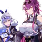  2girls bare_shoulders black_gloves breasts bubble_blowing clothing_cutout commentary_request eyewear_on_head fingerless_gloves gloves grey_eyes grey_hair holding honkai:_star_rail honkai_(series) kafka_(honkai:_star_rail) large_breasts long_hair multiple_girls purple_eyes purple_hair round_eyewear sas_(ls08b) shirt shoulder_cutout silver_wolf_(honkai:_star_rail) simple_background sunglasses upper_body white_background white_shirt 