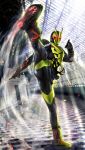  1boy absurdres ass_visible_through_thighs black_bodysuit bodysuit bug finishing_move glowing glowing_eyes grasshopper high_kick highres kamen_rider kamen_rider_(1st_series) kamen_rider_01_(series) kamen_rider_zero-one kicking masukudo_(hamamoto_hikaru) motion_blur pointing red_eyes spread_legs sunlight thighs tokusatsu 