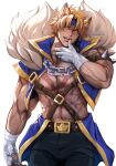  1boy abs absurdres animal_ears bandaged_hand bandages bara bare_pectorals belt black_pants blonde_hair blue_headband blue_jacket brown_belt chain_necklace cropped_jacket fangs fartingdoggi fur-trimmed_jacket fur_trim headband highres jacket jewelry large_pectorals league_of_legends male_focus muscular muscular_male navel necklace official_alternate_costume open_clothes open_jacket pants pectorals scar scar_on_chest scar_on_face scar_on_nose sett_(league_of_legends) short_hair solo soul_fighter_sett twitter_username 