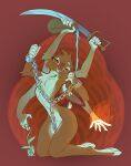  2023 6_arms anthro barefoot breasts chain cuff_(restraint) featureless_breasts feet female ferima fire handcuffs hi_res lagomorph leporid mammal melee_weapon metal_cuffs multi_arm multi_limb nude orange_eyes plant rabbit restraints solo sword weapon 