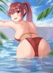  1girl ass back back_focus bikini blue_sky blurry blush breasts caustics cloud commentary_request depth_of_field foreshortening from_behind haru_yu heterochromia highres hololive houshou_marine lens_flare looking_at_viewer looking_back partially_submerged ponytail red_bikini red_eyes red_hair shoulder_blades sideboob sky smile solo swimsuit virtual_youtuber wading water wet yellow_eyes 