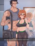  1boy 1girl abs absurdres arm_scrunchie ass_grab blush brown_hair cellphone diforland english_text freckles glasses highres holding holding_phone midriff mirror original pants phone reflection selfie short_hair smartphone smile sports_bra sweat taking_picture tank_top toned toned_male v yoga_pants 