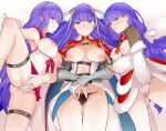  3girls abs apron ass_visible_through_thighs bare_shoulders belt bikini black_panties blue_eyes blunt_bangs blush breasts breasts_out brooch brown_shirt capelet center_opening choker closed_mouth cross cross_choker earrings fate/grand_order fate_(series) frown fur_trim gauntlets hair_ribbon jewelry large_breasts long_hair long_sleeves looking_at_viewer martha_(fate) martha_(santa)_(fate) martha_(swimsuit_ruler)_(fate) martha_(swimsuit_ruler)_(third_ascension)_(fate) medium_breasts multiple_girls multiple_persona navel nipples off_shoulder open_mouth panties pelvic_curtain pink_panties purple_hair red_capelet red_skirt ribbon shirt skirt spread_legs swimsuit thigh_strap thighs toned underwear variant_set white_apron white_bikini yoosai 