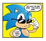  2023 5_fingers anaugi anthro blue_body blue_fur border clothing comic_panel dialogue english_text eulipotyphlan eyewear fingers fleetway fleetway_sonic_(character) fur gloves handwear hedgehog looking_at_viewer male mammal redraw sega simple_background solo sonic_the_comic sonic_the_hedgehog sonic_the_hedgehog_(comics) sonic_the_hedgehog_(series) speech_bubble sunglasses text yellow_background 