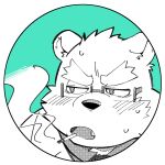  1boy animal_ears bara bear_boy bear_ears blush border chibi cigarette circle collared_shirt commentary diru fang furrowed_brow furry furry_male glasses green_background greyscale_with_colored_background highres huge_eyebrows leib_(housamo) looking_to_the_side male_focus open_mouth portrait screentones semi-rimless_eyewear shirt solo tokyo_afterschool_summoners white_border 