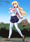  1girl :o bag blonde_hair blue_eyes blue_sky bow brown_footwear dated elf long_hair looking_at_viewer nafta pink_bow pointy_ears school_bag school_uniform serafuku signature sky solo thighhighs tiffania_westwood white_thighhighs zero_no_tsukaima 