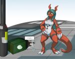  2021 after_transformation anthro bandai_namco breasts digimon digimon_(species) digital_media_(artwork) digitigrade english_text female green_hair guilmon hair looking_down lyn_(z-ray) oter outside red_body road solo standing tail text yellow_eyes 