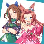 2girls :d ^^^ animal_ears bare_shoulders blue_background blue_eyes braid breasts brown_hair cleavage clenched_hand collared_shirt crossed_arms dress forehead green_jacket hair_between_eyes horse_ears jacket kawakami_princess_(umamusume) king_halo_(umamusume) long_hair medium_breasts multiple_girls one_side_up parted_bangs pink_dress red_hair shirt sleeveless sleeveless_dress smile two-tone_background uccow umamusume v-shaped_eyebrows very_long_hair white_background white_dress 