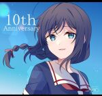  1girl ahoge anniversary black_hair black_serafuku blue_eyes blush braid dated highres kantai_collection letterboxed long_hair neckerchief open_mouth portrait red_neckerchief school_uniform serafuku shigure_(kancolle) short_sleeves signature single_braid smile solo yukichi_(eikichi) 