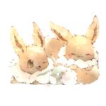  :3 :d animal_focus bloom brown_eyes closed_eyes closed_mouth commentary_request cuddling eevee feet fluffy leaning_on_animal light_blush looking_at_another lowres nightfizz no_humans one_eye_closed open_mouth pokemon pokemon_(creature) simple_background smile swablu white_background 