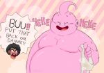  afro angry antennae_(anatomy) anthro blush bodily_fluids clothing dragon_ball dragon_ball_z duo embarrassed english_text eyebrows hercule_satan holding_clothing holding_object holding_underwear human implied_nudity laugh majin majin_buu male mammal mr._satan nippleless no_pupils overweight overweight_male pattern_background pink_body playful rofakuro shaded simple_background slightly_chubby smile striped_background sweat text thick_eyebrows underwear watermark 