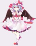  1girl ascot back_bow bat_wings blue_hair bow dot_nose frilled_shirt frilled_shirt_collar frilled_skirt frilled_socks frills full_body grey_background hair_between_eyes hat hat_bow hat_ribbon hiyuu_(hiyualice) large_bow mary_janes medium_hair mob_cap open_mouth own_hands_together pink_headwear pink_shirt pink_skirt puffy_short_sleeves puffy_sleeves red_ascot red_bow red_eyes red_footwear red_ribbon remilia_scarlet ribbon ribbon-trimmed_headwear ribbon_trim shirt shoes short_sleeves simple_background skirt socks solo standing steepled_fingers touhou white_socks wings wrist_cuffs 