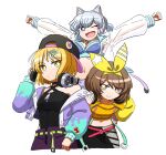  3girls alternate_costume animal_ear_headphones animal_ears black_headwear breasts bright_pupils cat_ear_headphones cleavage commentary_request fake_animal_ears hairband headphones hoshii_1213 leaning_forward long_sleeves looking_at_viewer lunasa_prismriver lunasa_prismriver_(eldest_memory_leaker_sister) lyrica_prismriver lyrica_prismriver_(youngest_memory_leaker_sister) merlin_prismriver merlin_prismriver_(second_eldest_memory_leaker) multiple_girls navel one_eye_closed outstretched_arms see-through see-through_sleeves siblings sisters tail touhou touhou_lost_word white_pupils yellow_hairband 