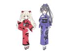  2girls animal_print atre bat_print black_hair blonde_hair bow closed_mouth ecute floral_print floral_print_kimono hair_bow japanese_clothes jashin-chan_dropkick kimono long_hair looking_at_viewer multiple_girls official_art open_mouth pointy_ears ponytail print_kimono purple_kimono red_eyes red_kimono simple_background sketch smile twintails white_background yukiwo 