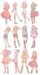  absurdres blue_skirt boots brown_eyes brown_footwear brown_hair digimon digimon_adventure dress happy highres long_hair looking_at_viewer pink_headwear red_skirt robo_nonagon simple_background skirt tachikawa_mimi variations white_background white_skirt yellow_dress 