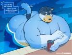  2023 advertisement anthro australian_cattle_dog bandit_heeler bent_over beverage beverage_can big_butt bluey_(series) bronaai butt can canid canine canis cattledog container domestic_dog english_text eyebrows fur herding_dog male mammal moobs motion_lines nude overweight overweight_anthro overweight_male partially_submerged pastoral_dog patreon poolside skinny_dipping smile solo swimming_pool tail tail_motion tailwag text tuft url water 
