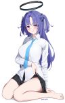  1girl alternate_costume arm_support bare_legs barefoot blue_archive blue_necktie blush clothes_lift collared_shirt commentary_request forehead halo highres lifted_by_self long_hair long_sleeves looking_at_viewer mizoshi-x necktie parted_bangs pleated_skirt purple_eyes purple_hair school_uniform shirt sidelocks simple_background sitting skirt skirt_lift smile solo summer_uniform toes triangle_hair_ornament two_side_up wariza white_shirt yuuka_(blue_archive) 