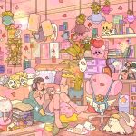  1990s_(style) 1girl animal bat_(animal) bed book bookshelf brown_hair brown_shirt character_request dog flower full_body handheld_game_console headphones heart highres holding holding_handheld_game_console indoors kaonashi kirby kirby_(series) lamp leaf mask medium_hair mushroom photo_(object) pink_socks pink_theme plant pokemon poster_(object) retro_artstyle shirt short_sleeves socks star_(symbol) studio_ghibli tonari_no_totoro totoro toy white_flower 