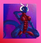  animal_humanoid anthro blue_body blue_scales breasts crouching dragon dragon_humanoid female greisoul hand_on_leg hi_res humanoid looking_at_viewer muscular muscular_female red_body red_scales scales scalie solo spread_legs spreading 