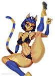  animal_crossing ankha_(animal_crossing) anthro blue_body blue_fur blue_hair bodily_fluids bra camel_toe clothing domestic_cat egyptian felid feline felis female fur hair hi_res johnfoxart looking_at_viewer mammal markings midriff multicolored_body multicolored_fur navel nintendo panties pawpads paws ring_(marking) ringtail solo sweat tail tail_markings two_tone_body two_tone_fur underwear yellow_body yellow_fur 